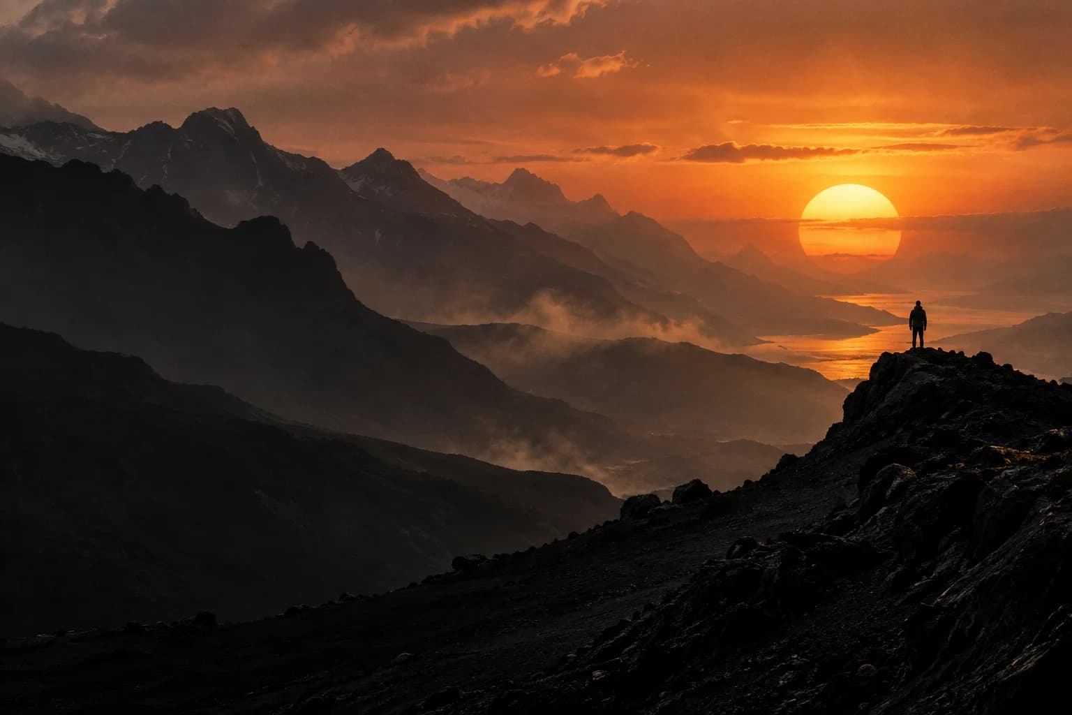 Eine Person blickt von einem dunklen Bergrücken auf eine leuchtende Sonne über einer weiten Berglandschaft. KI-generiertes Moodboard.